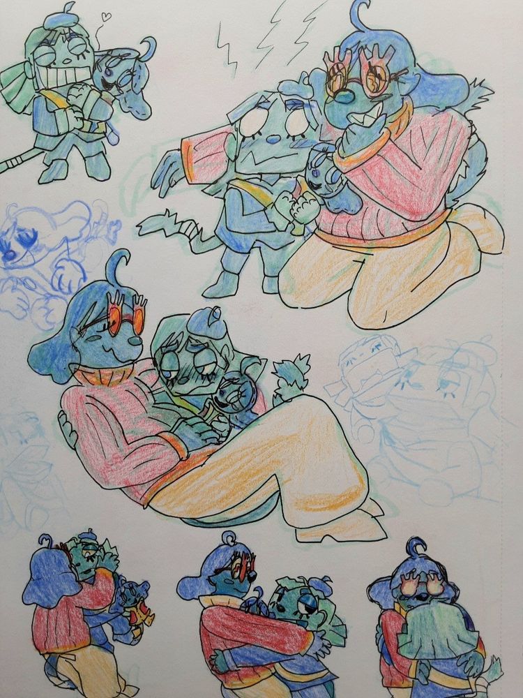 Sketch page of Capochin great god grove hugging Inspekta plush. Hector joins with a hover arm and hand on chin to a blushy surprised Capochin. then Hector lies in his other arm, entwining tails and blushing. They hug with the plush between them. End ID