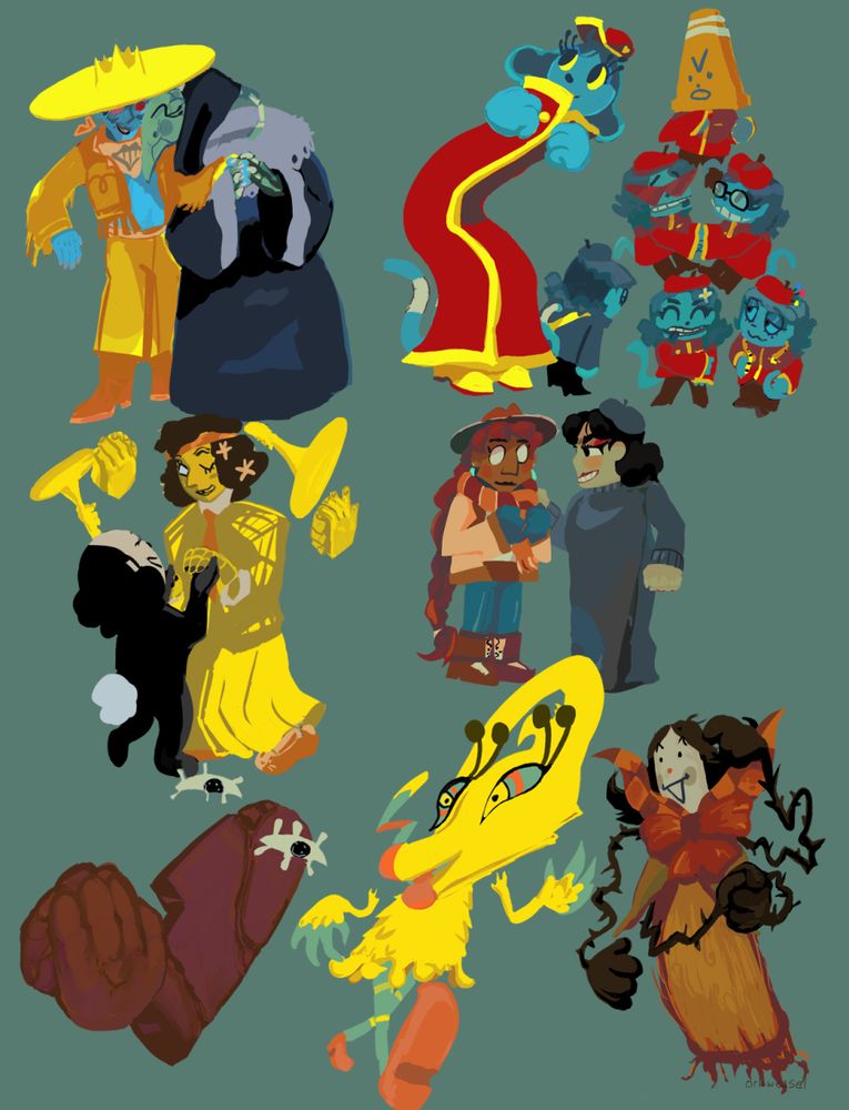 Great God Grove digital art page of various characters, some in dance like poses: Miss Mitternacht holding King's hand as they nuzzle. Inspekta looking up while Capochin looks away, Bizzyboys in a triangle with Grujaja wearing cone at the top. Click-Clack and Thespius hold hands and dance. Lulu pats Razz on the shoulder. Bauhauzzo claps, Huzzle Mug step dances to the camera, and Cobagail scratches her head. End ID