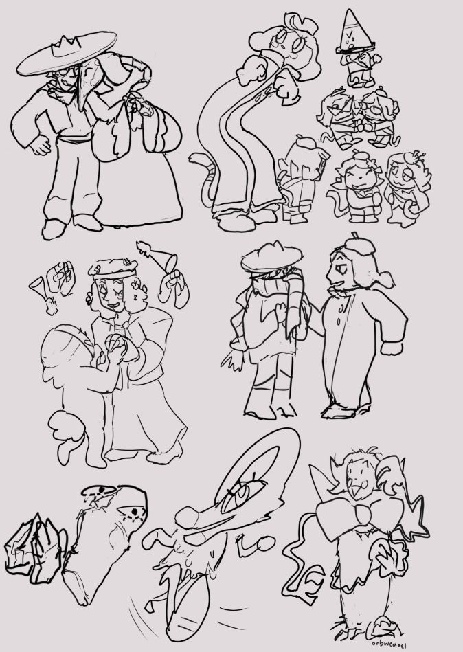 Great God Grove sketch page of various characters, some in dance like poses: Miss Mitternacht holding King's hand as they nuzzle. Inspekta looking up while Capochin looks away, Bizzyboys in a triangle with Grujaja wearing cone at the top. Click-Clack and Thespius hold hands and dance. Lulu pats Razz on the shoulder. Bauhauzzo claps, Huzzle Mug step dances to the camera, and Cobagail scratches her head. End ID