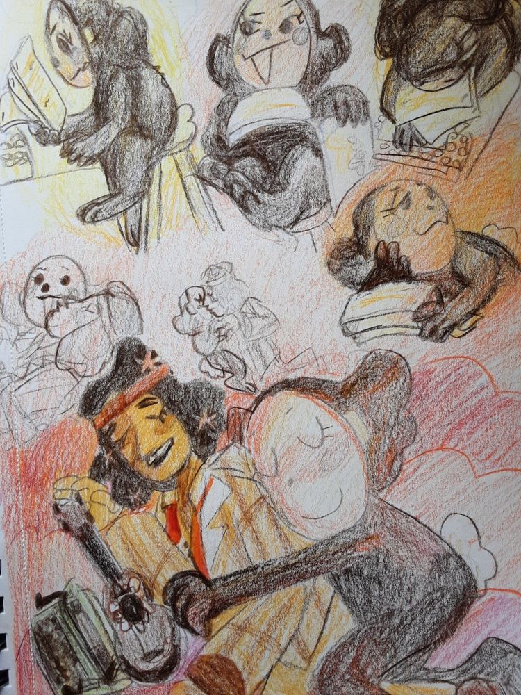 Click Clack looks at a script, face plants in it, and looks up blushing. Click Clack spoons Thespius who spoons Tony the ukelele who spoons Georgia the typewriter. Near doodles of Click Clack and Thespius kissing.