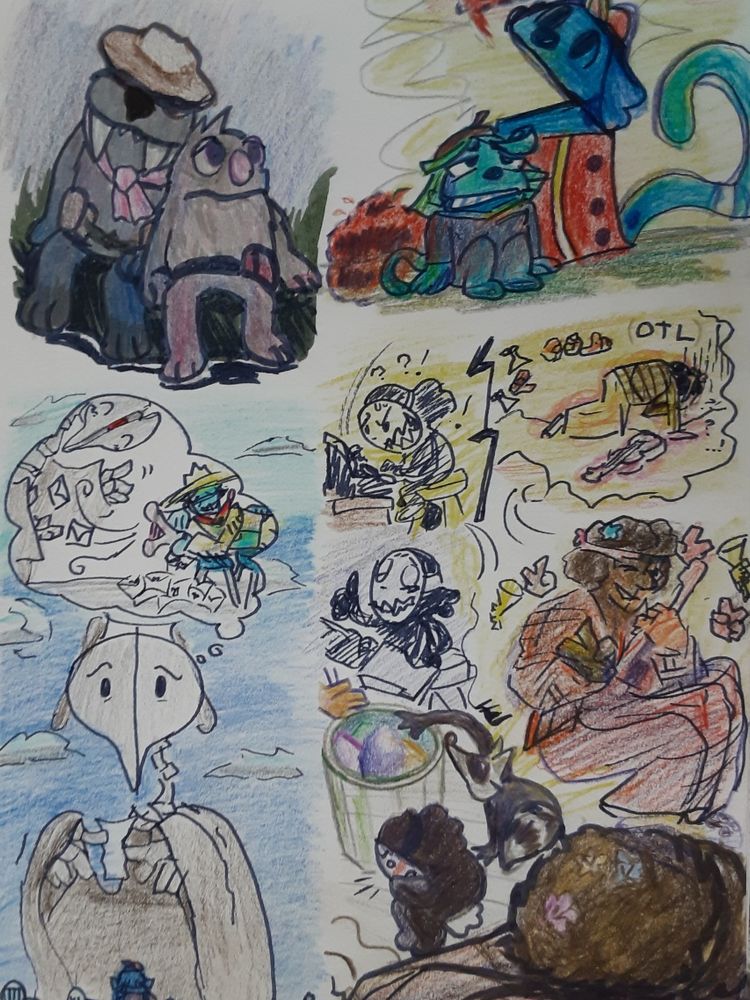 Sad sketch page of: Lizbert and Eggabell sitting together at night. Capochin sitting by a cardboard spek gate with redacted speech bubbles. M. Mitternacht opening a letter, with a thought bubble about King blowing letters to her with Megapon while lying across chairs. Click Clack edits hastily and confused and meanwhile Thespius does the OTL drop to ground pose. Click Clack gives a manic two thumbs up. Thespius gathers Tony the ukelele in his arms and gives peace signs. Click-Clack curls up blushing, Thespius head-clouds, and in bg Patience and a Raccoon rustle through trash including a purple light bulb. End ID 