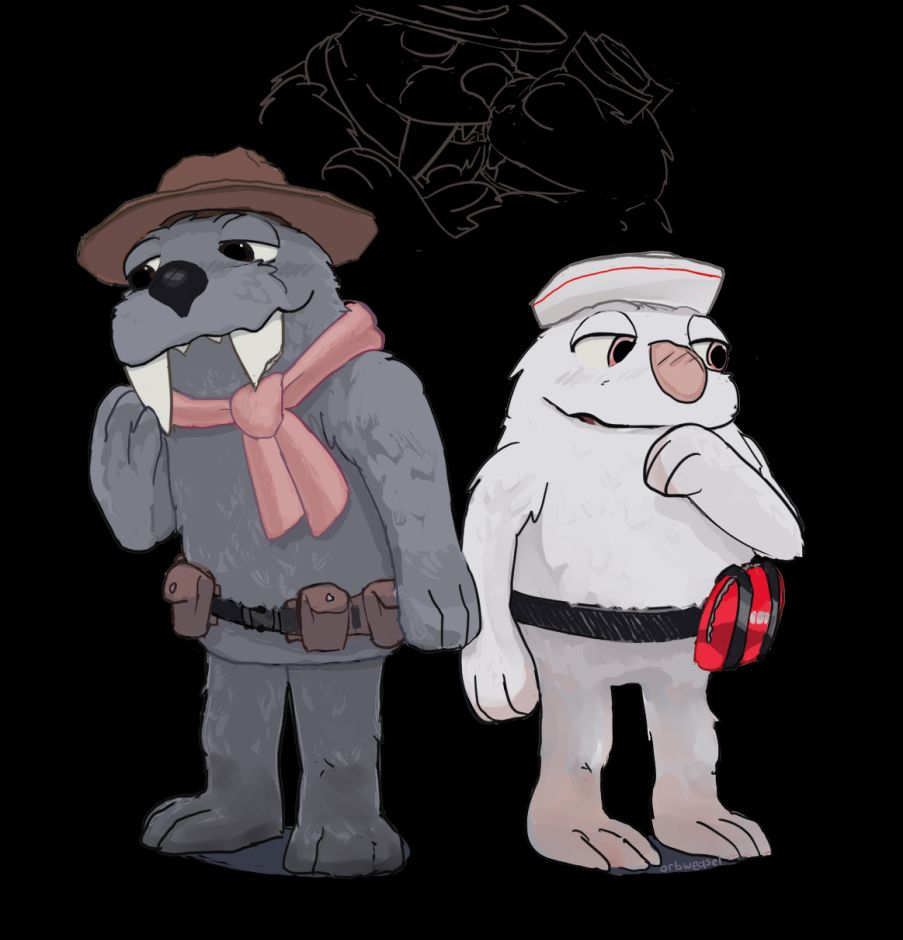 Bugsnax fanart of Lizbert and Eggabell standing next to each other with a bashful blush, a sketch of them kissing above their heads.