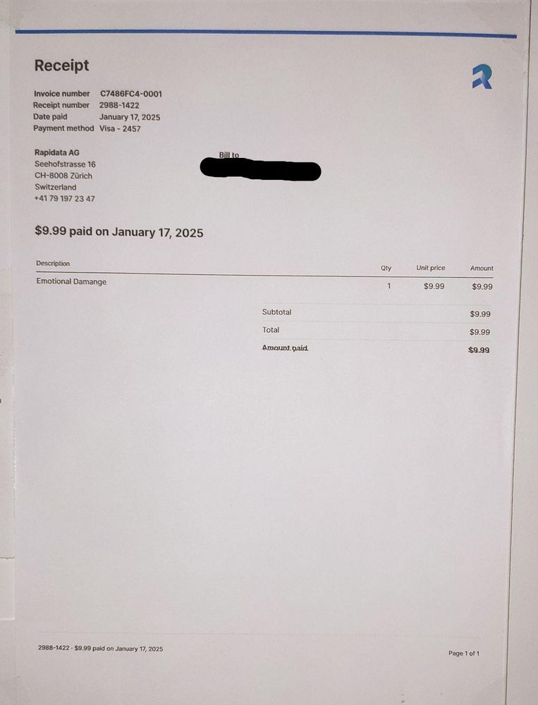 a paid stripe invoice for 9.99 usd for "Emotional Damage"