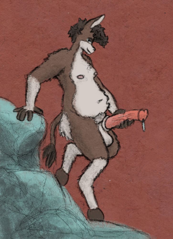 Anthro donkey with his equine cock out eyeing the viewer

The horse cock is BIG, HEAVY, and LEAKING