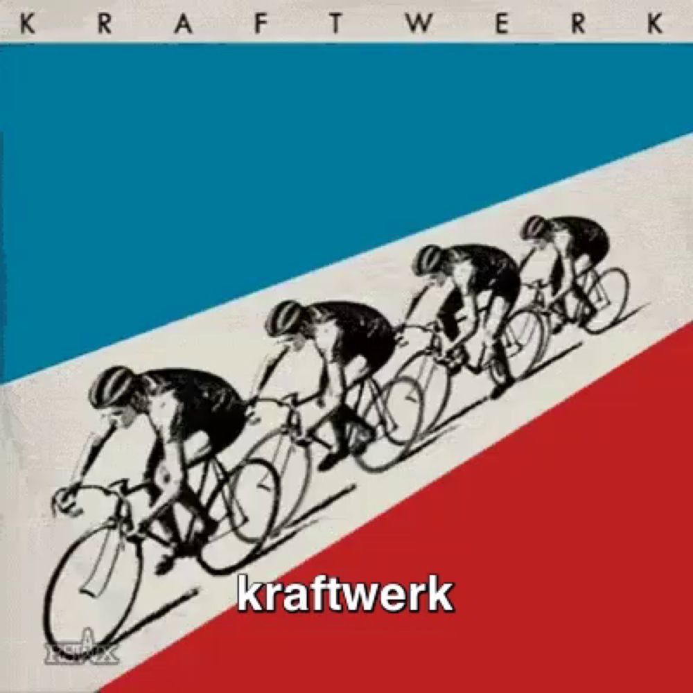 a poster for kraftwerk shows a group of people riding bicycles