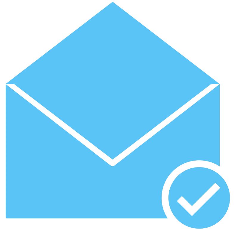 An icon depicting a blue open envelope with a white check mark contained in a blue circle at the bottom right