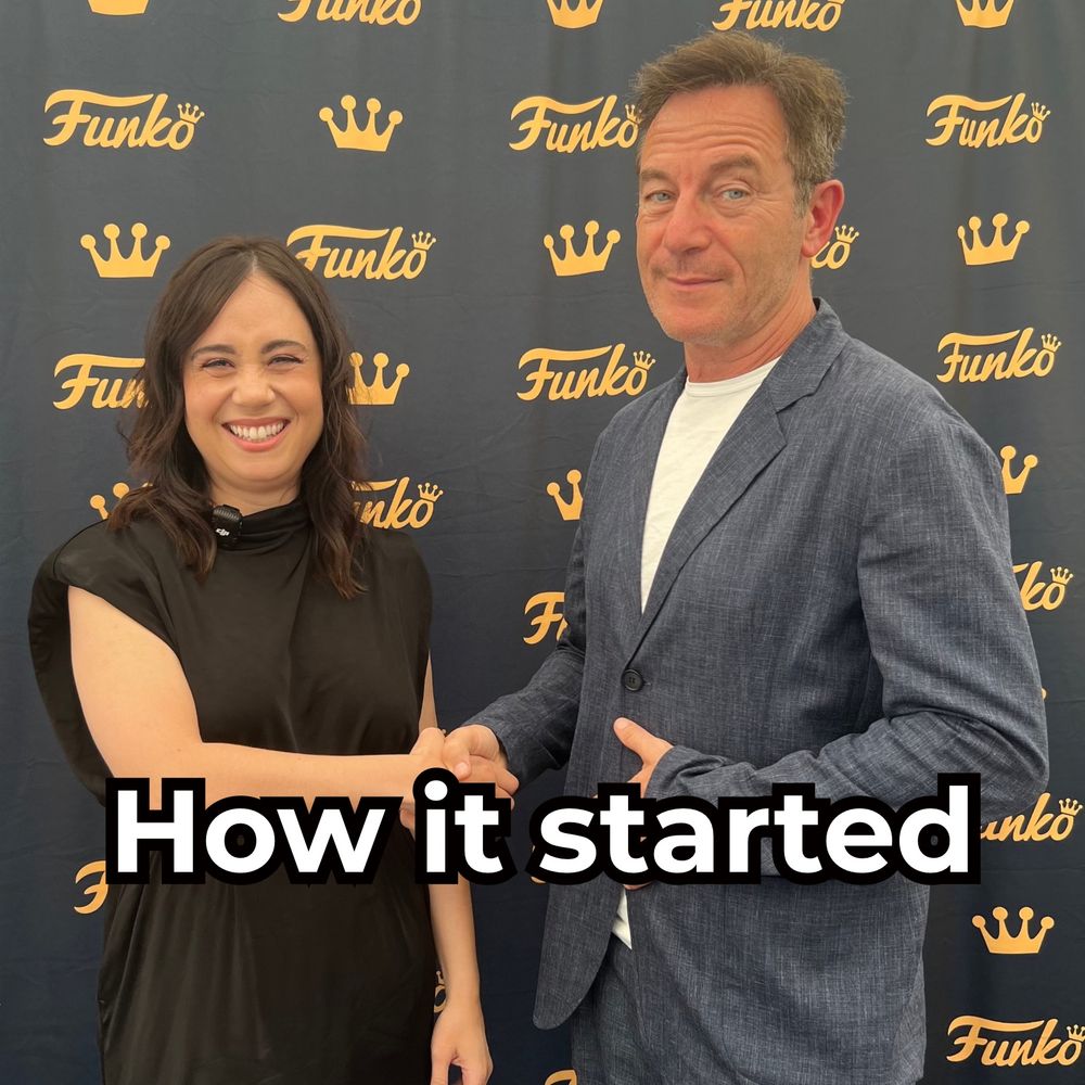 Samantha Béart (the actor for Karlach) shaking hands with Jason Isaacs (the actor for Gortash). Samantha is smiling and wearing a black dress, Jason is smiling as well and wearing a blue linen suit. There is block text over the photo that says “How it started”