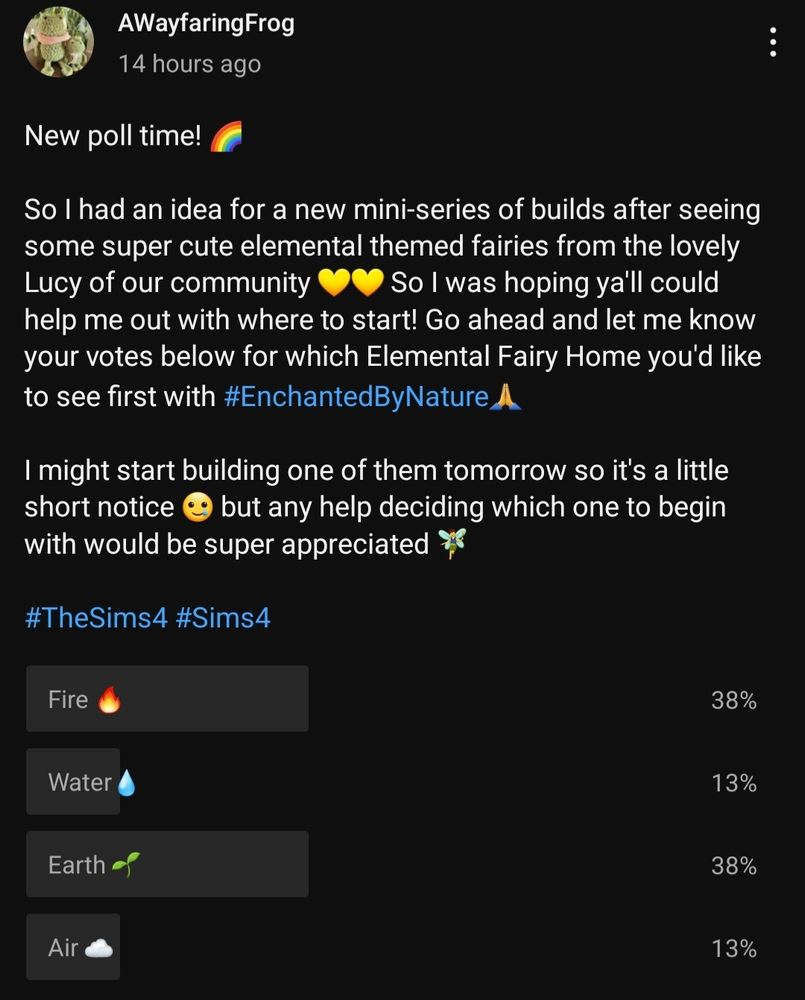 A poll asking what elemental fairy build I should do first out of fire 🔥,  water 💧,  earth 🌱,  or air ☁️!