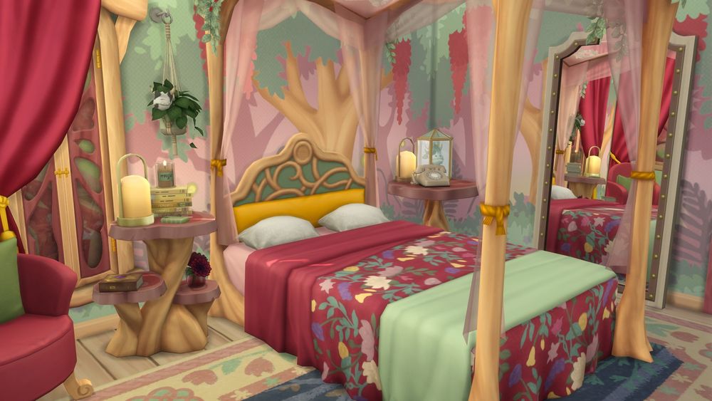 A colourful berry red and sage green bedroom with a canopy bed, and nature inspired ornaments