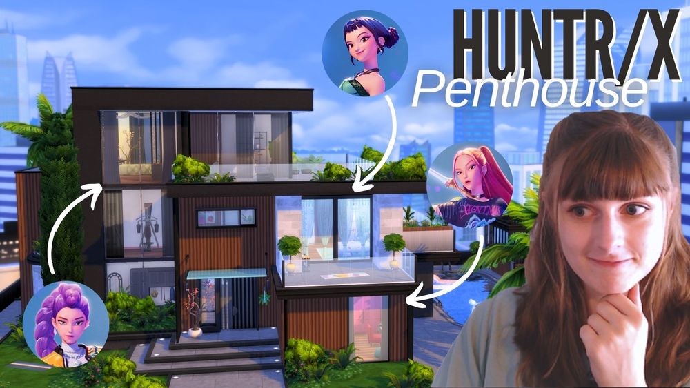 A thumbail of a modern penthouse with portraits of the members of HUNTR/X from K-Pop Demon Hunters