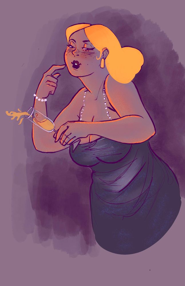 Illustration of a woman in a dress spilling a glass of champagne 