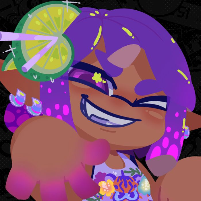 Ryder's sona is a tanned inlking who's wearing a bright green lime slice with chopsticks on her head like Shiver wears during summer nights. there is a floral tigerfish pattern on her tanktop and she also has iridiscent earrings. she's winking while grinning