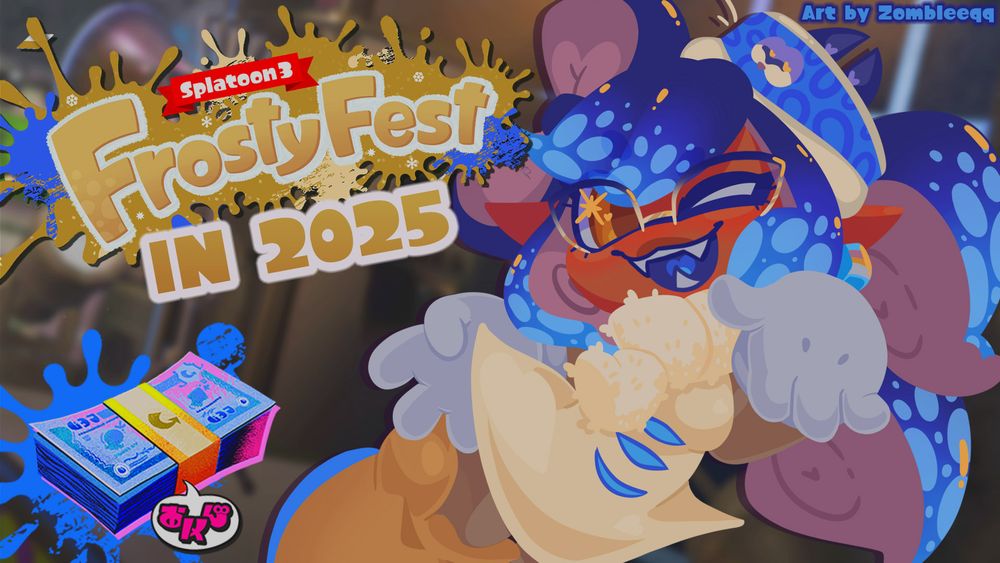 Artwork of Yume in Marie's outfit by @zombleeqq.bsky.social with the text Frosty Fest in 2025. TEAM MONEYYYY!!!!