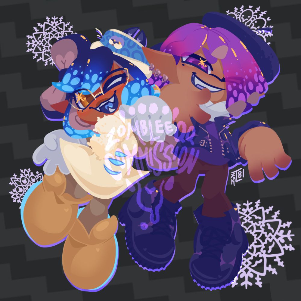 Commission by @zombleeqq of Yume and SquidRyder in winter themed outfits (Marie's Frosty fest dress and scarf / Shiver's Chocolate splatfest art outfit). Yume has an adorable cat motif on her hair accessory. They are doing the Stay Fresh and Catch Ya Later pose respectively.
