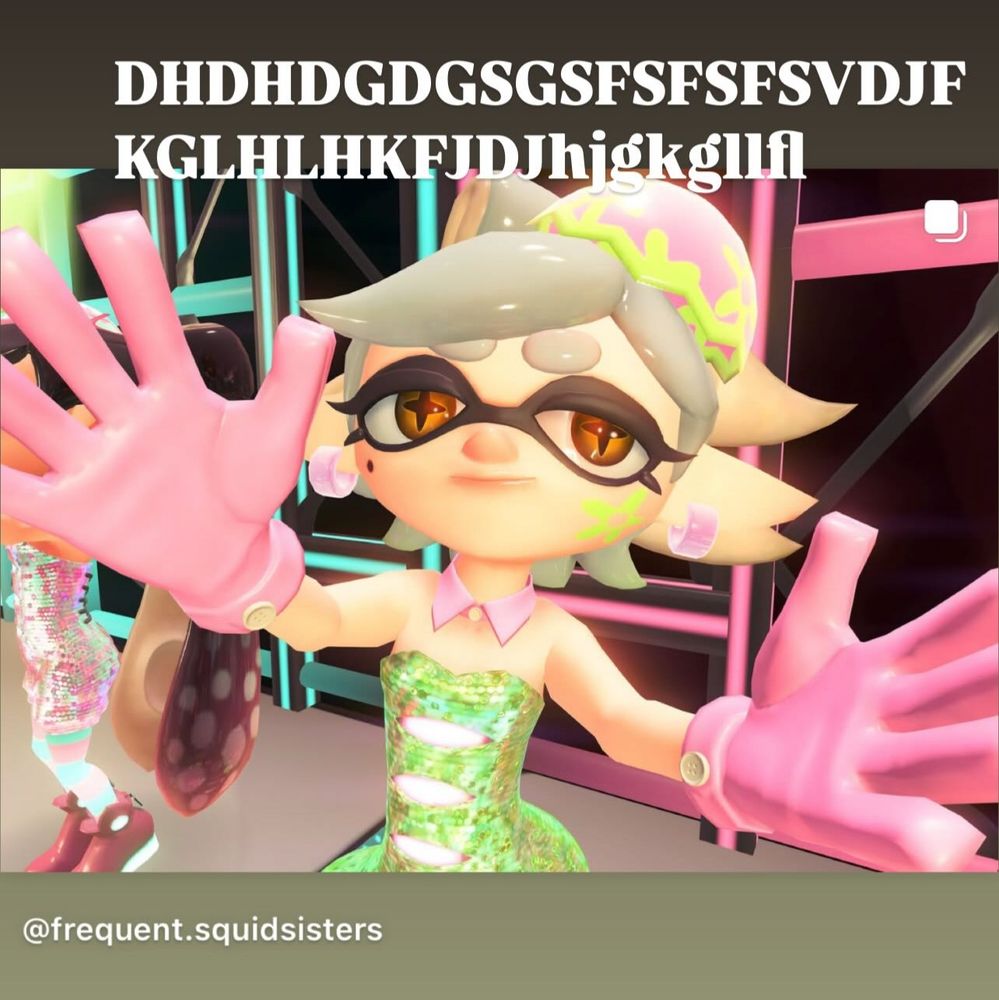 Image text is a discombobulated keysmash and shows Marie reaching out to the camera as if she’s grabbing it. 