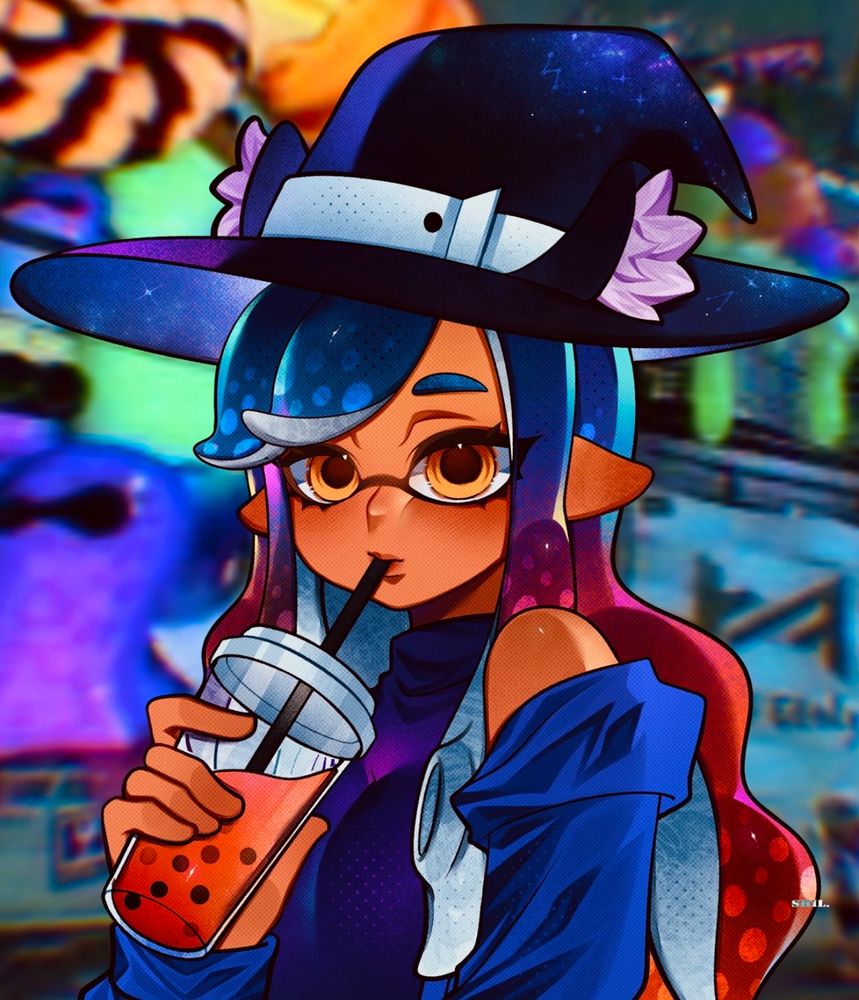 yumeparadox holding pumpkin spice boba tea and witch hat with fluffy cat ears pfp by @shiliu_ky (background is Inkopolis Square during Splatoween in Splatoon 3)