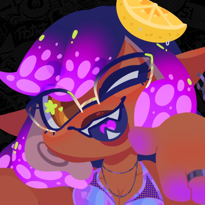 yume's sona is a darker skinned inkling with purple ink for team air (summer nights 2025). she is weariing cat eye glasses, a lemon slice on her head and has several necklaces and rings in silver. her top is a holographic mesh halter. she is winking while holding one hand up in the stay fresh pose