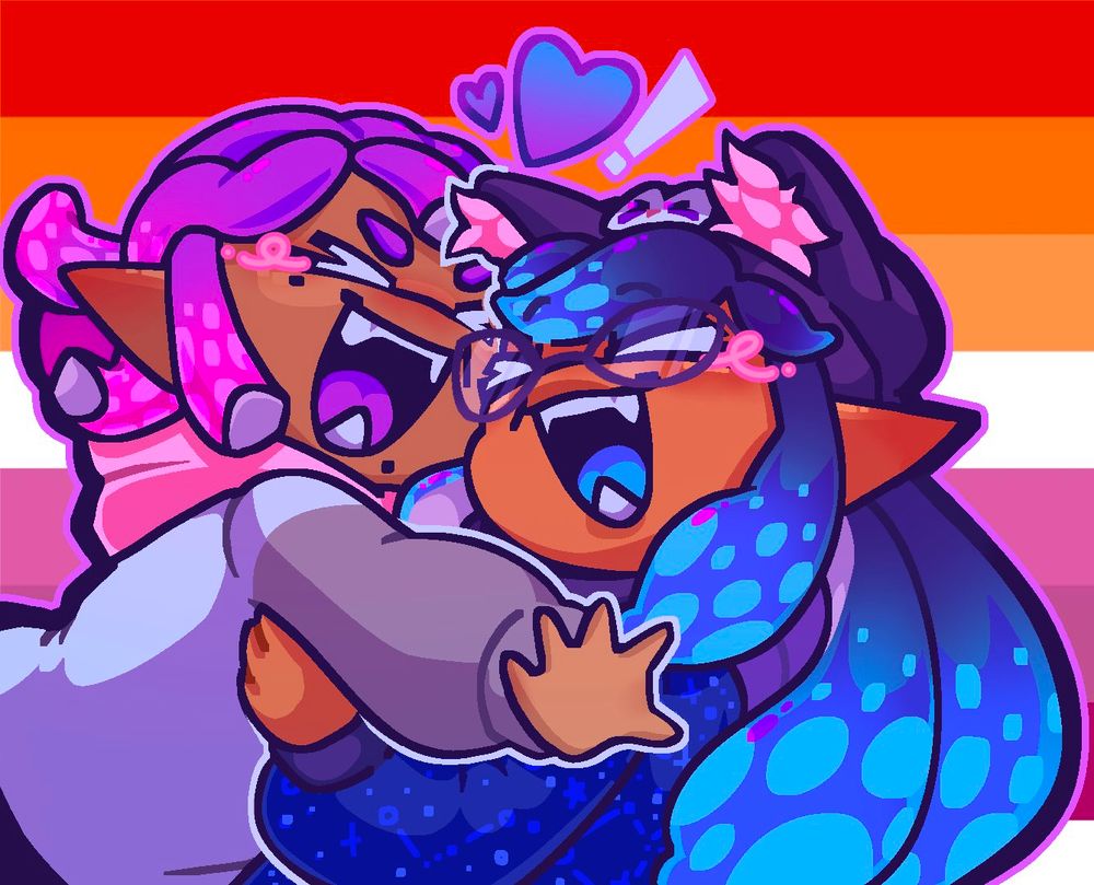 Artwork of @squidryder.bsky.social (with purple hair) and yumeparadox (with blue hair and a black cat beanie) in a joyful embrace by @zombleeq.bsky.social. Both are inklings with tan / dark skin posing against a lesbian flag background 