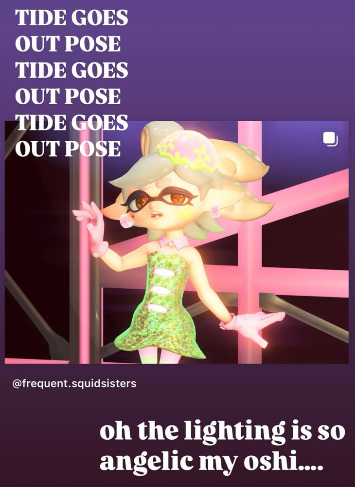 Image text reads: Tide Goes out pose and it is repeated three times. Additionally :oh the lighting is so angelic my oshi 

Image displays Marie in her Spring Fest Outfit, green and pink with an easter egg hairpiece and her default bow hairstyle. Her left hand is slightly raised in a graceful manner with a thoughtful look on her face.