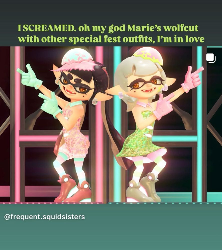 Image of Callie and Marie with summer nights hairstyles in spring fest outfits performing liquid sunshine from frequent.squidsisters 