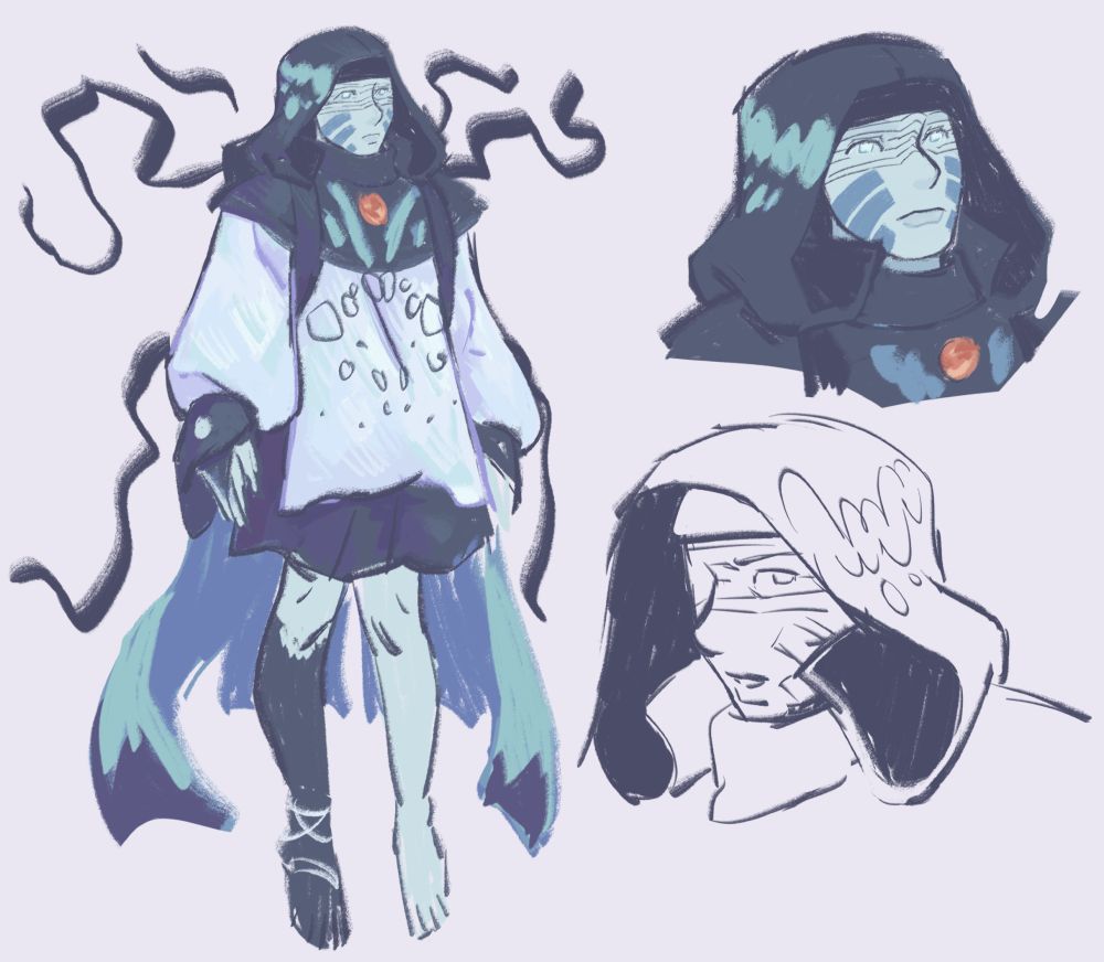 A full body drawing of the emissary of the Nine floating in place.  Next to her is another headshot with a similar expression and another where she looks annoyed.