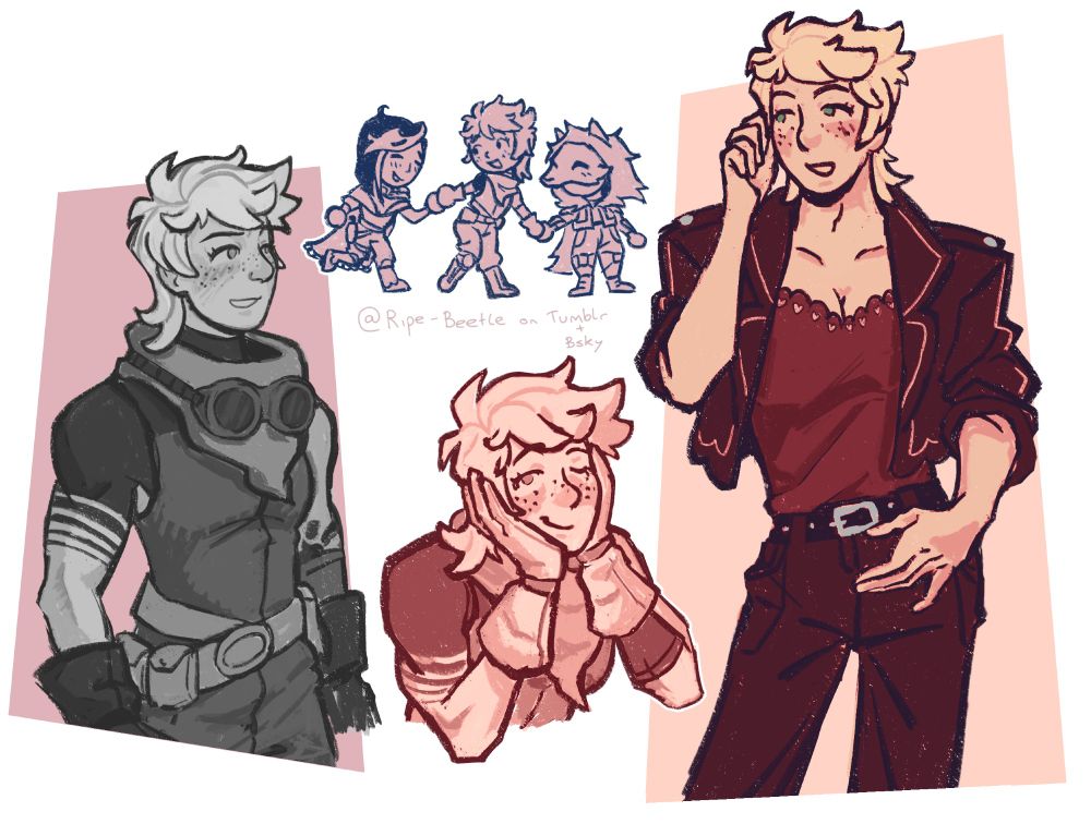 Several digital drawings of Amanda Holliday from Destiny.
Left - a grayscale half-body drawing of Amanda in a neutral pose, facing to the right with her arms relaxed by her sides.
Top middle - a small chibi-style drawing of Crow (left), Amanda (middle) and the Young Wolf (right) holding hands and smiling.
Bottom middle - a waist-up drawing of Amanda holding her head in her hands and winking at the viewer.
Right - a full colour half-body drawing of Amanda, one hand resting by her hip and the other playing with her hair. She wears a leather jacket, a red top with a sweetheart neckline and small heart cutouts along the hem, tucked into a pair of dark trousers with a belt.