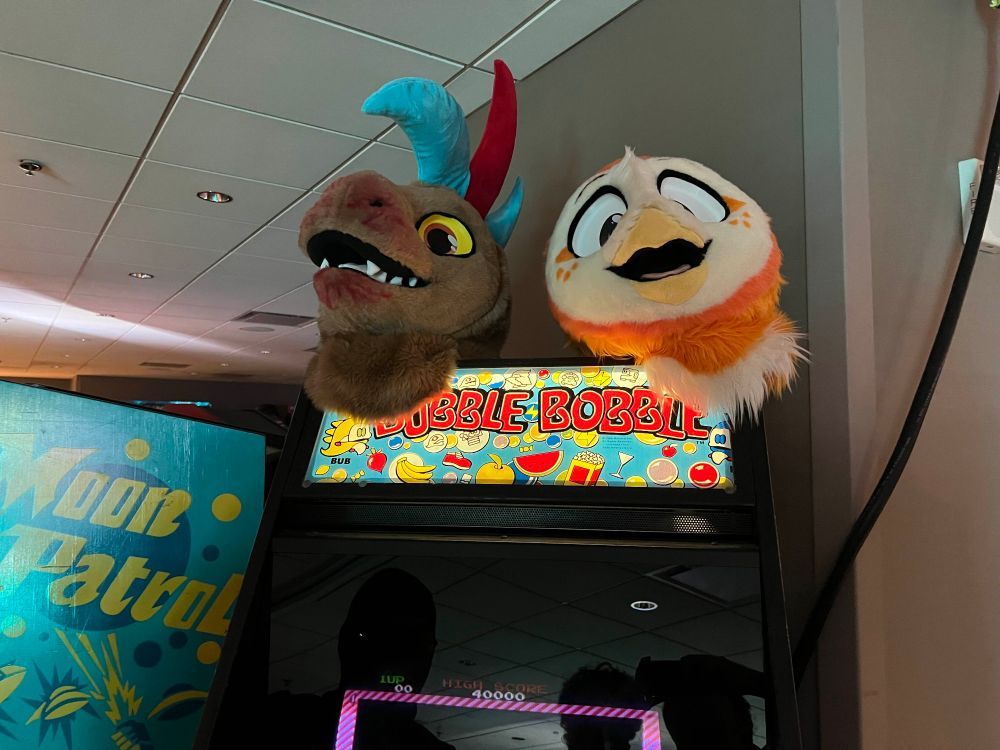A fish and owl fursuit heads sitting atop a Bubble Bobble arcade cabinet.