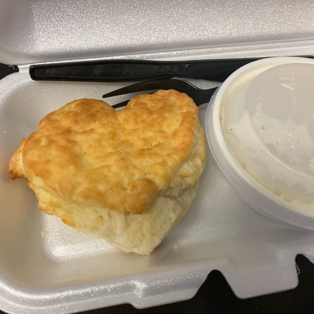 Hardee’s biscuit and gravy platter with a heart-shaped biscuit. 