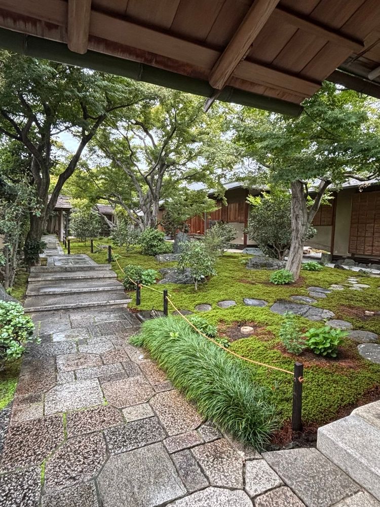 Japanischer Garten in einem Innenhof mit Treppen, einem Plattenweg, Trittsteinen, die über eine Rasenfläche führen, mit Bäumen, Sträuchern und Gräsern.