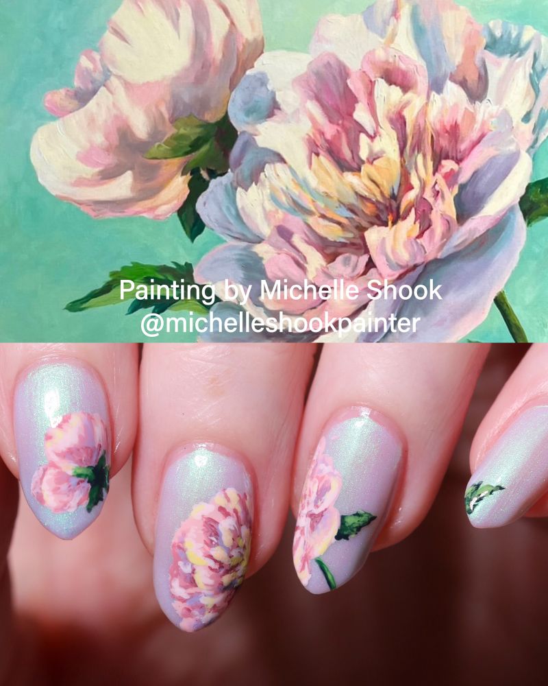 A split view of the manicure and the inspiration - on top, a cropped version of the flower painting labelled “Painting by Michelle Shook @michelleshookpainter” (the artist’s Instagram handle). On the bottom is a photo of the 4 nails on my left hand that feature the flowers. 