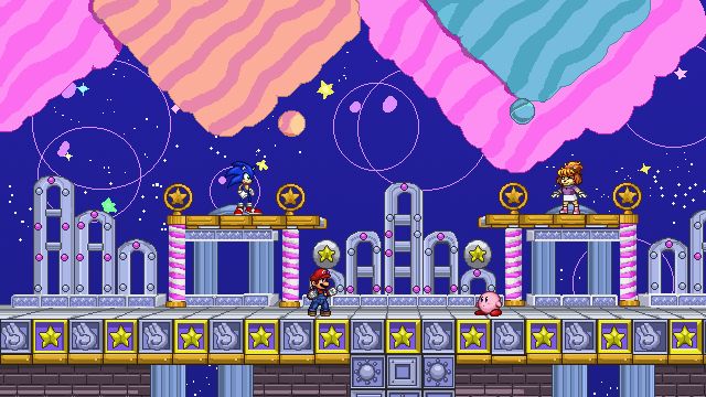 A mockup featuring four characters on the stage: Sonic, Mario, Kirby, and Tsuki (my OC) as if they are all in one match on this stage.