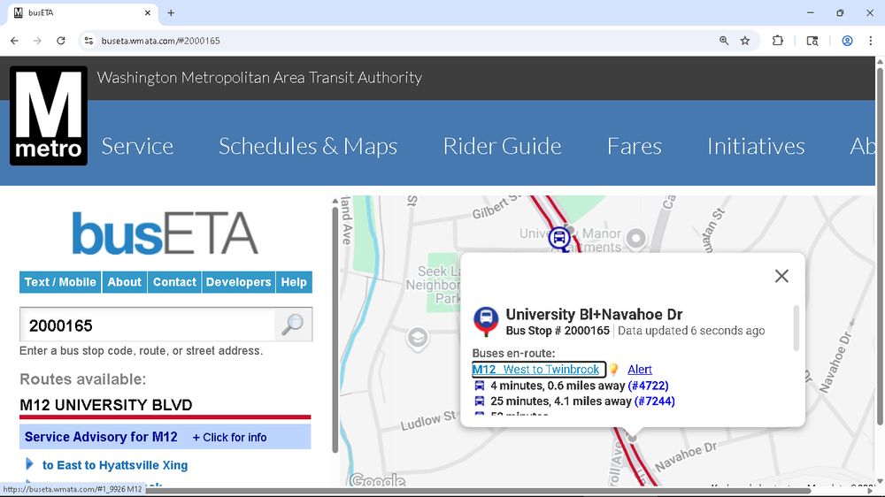 Screen shot of a web page headed "busETA." A popup window includes the text Univeersity Bl+Navahoe Dr Bus Stop #2000165." An arrow at the bottom of the popup window points to the intersection of University Boulevard and Carroll Avenue on an underlying map.
