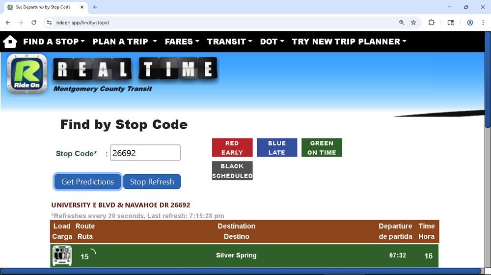 Screen shot of a web page headed "Ride On Real Time" and including the text "UNIVERSITY E BLVD & NAVAHOE DR 26692."