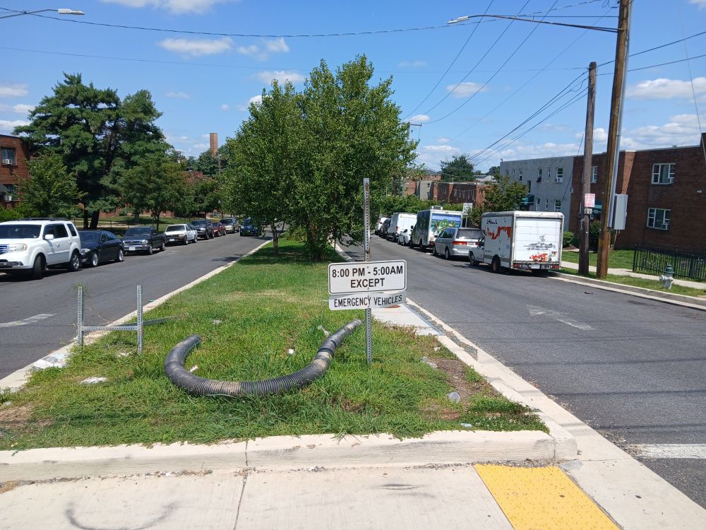 Just outside Takoma Park, Maryland, intersection of University Boulevard and 14th Avenue. In foreground, a sign pole with two black-on-white rectangular signs at the middle of the pole; top sign includes the text "8:00 PM - 5:00AM EXCEPT;" bottom sign includes the text "EMERGENCY VEHICLES."