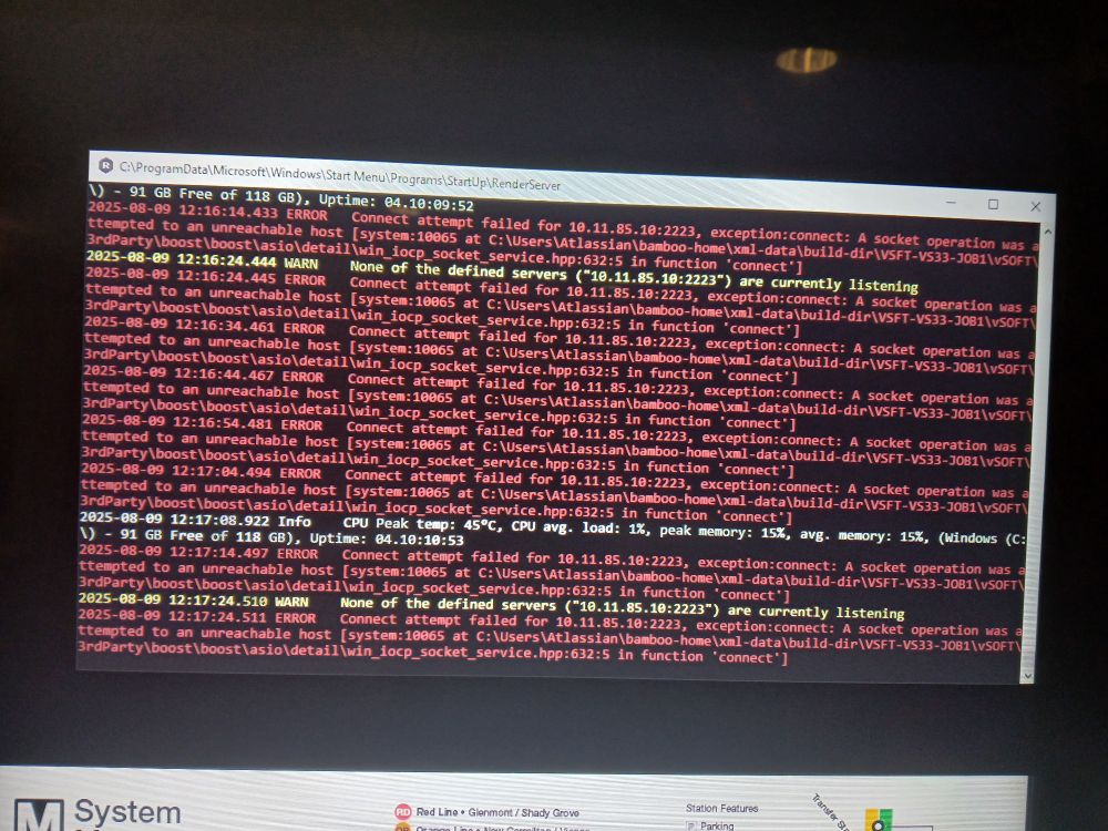 Closeup of diagnostic messages, including the text "None of the servers ("10.11.85.10:2223") are currently listening.