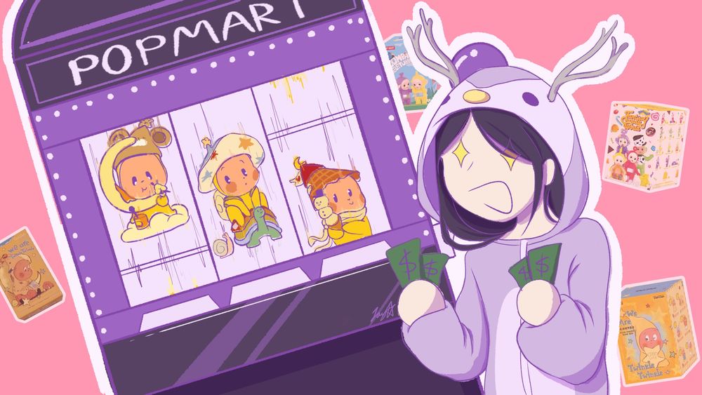 A person in a light purple penguin onesie, holding cash in both hands with stars in their eyes and a big smile on their face. They are excitedly looking at a slot machine labelled "pop mart". The slot machine, which is still spinning, shows 3 different characters from pop mart's twinkle twinkle series, the one in the centre being the secret twinkle twinkle. In the background, there are various falling pop mart boxes. 