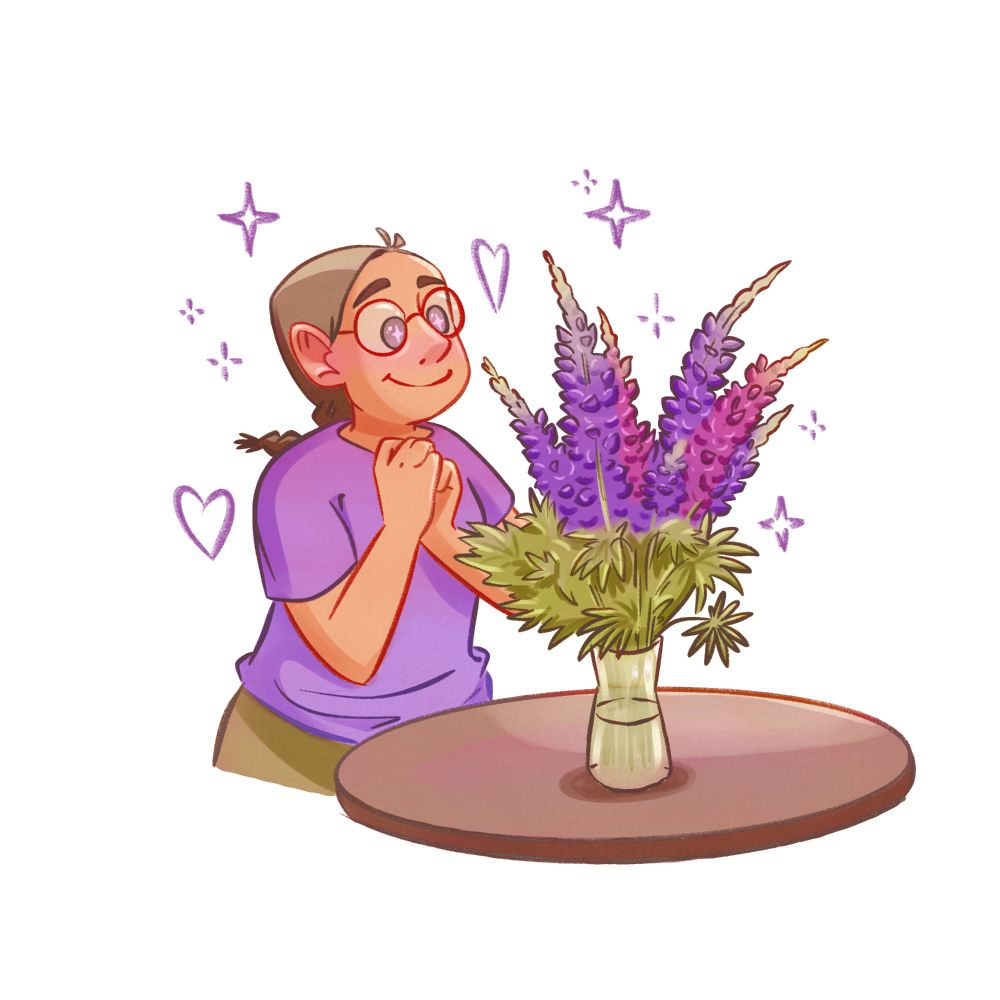 admiring girl and a bunch of lupine flowers