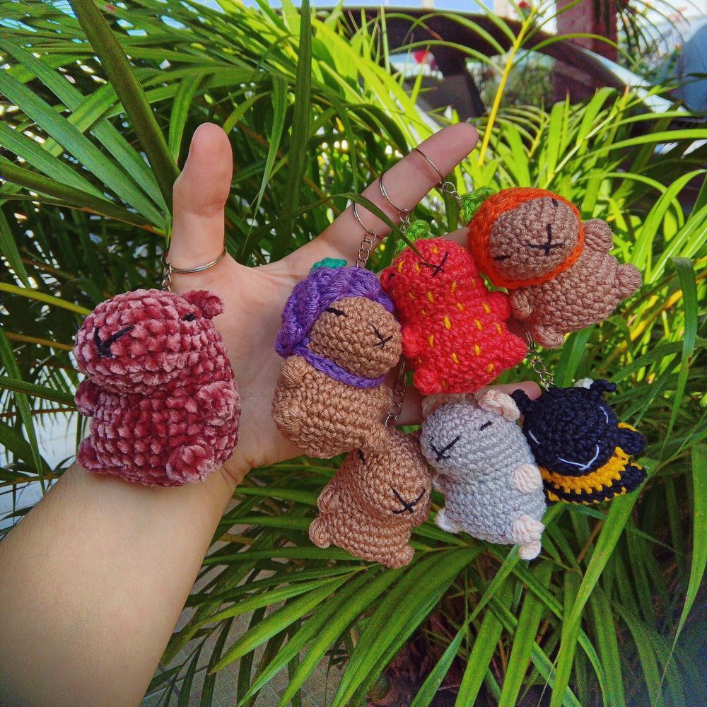 Foto com 7 chaveiros de capivara. Uma é pelúcia, outra tem chapéu de uva, outra é um morango, outra tem chapéu de laranja, outra não tem chapéu, outra é um rato e a outra é uma abelha 
