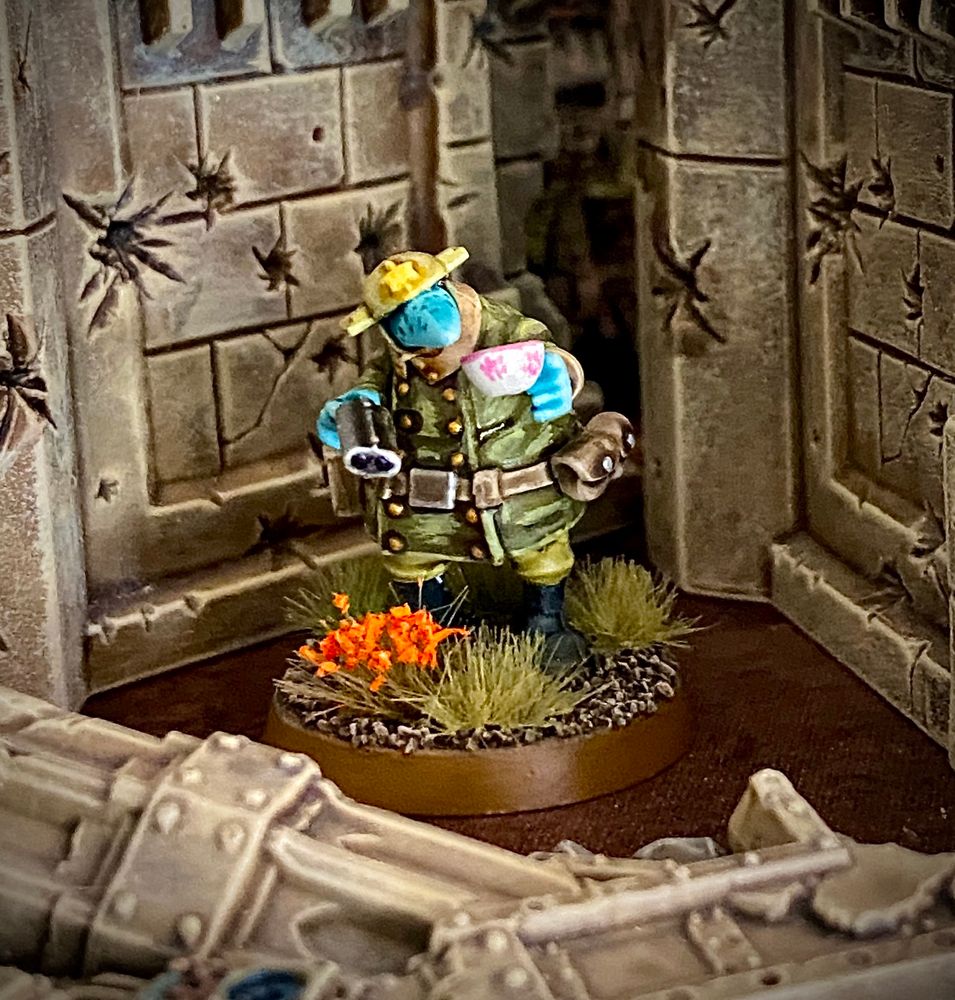 Blue-skinned Quar Crusader officer in green uniform with shotgun and white teacup with pink decoration stands in front of ruins with bullet holes.