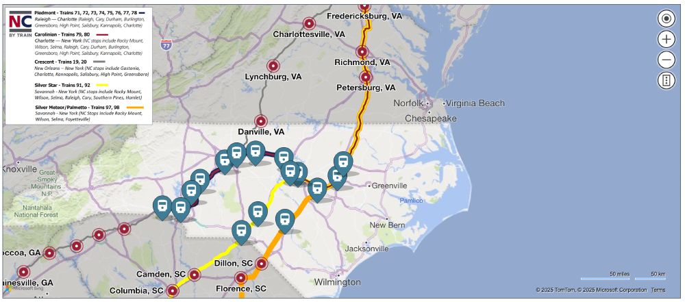 Map of train routes and stops in North Carolina. From the NC by Train website.
