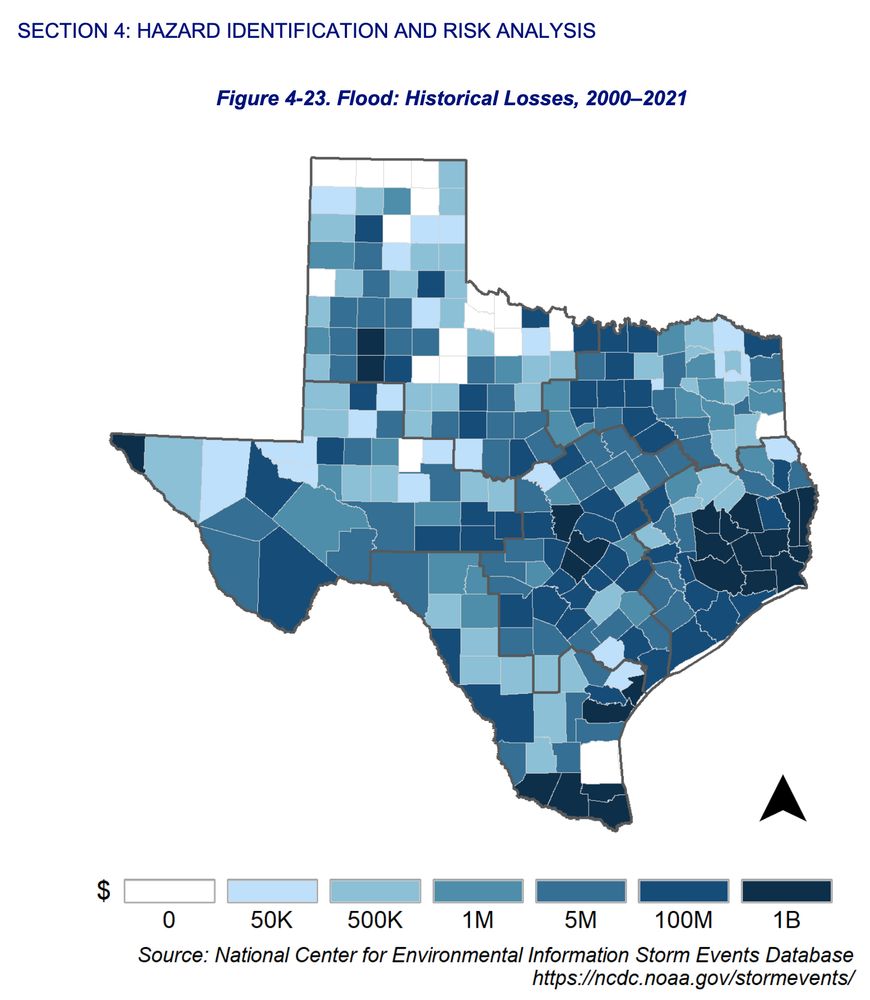 Image of Texas showing county level historical losses from floods between 2000-2021.