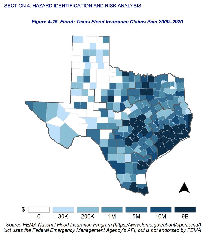 Image of Texas showing county level flood insurance claims paid between 2000-2021.