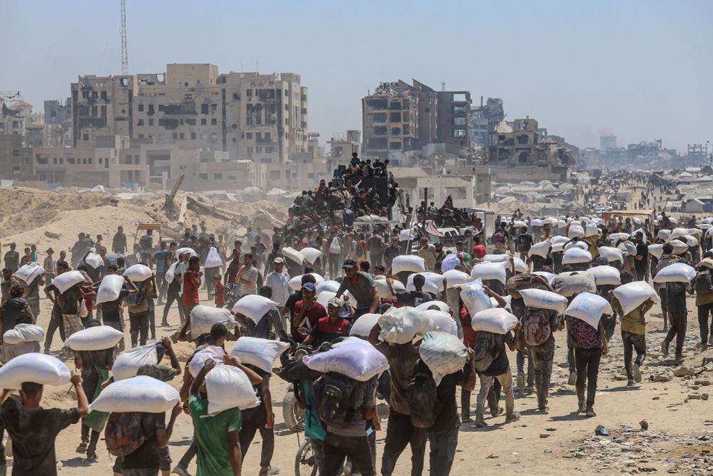 Hundreds of people can be seen in a long line, many of them carrying large bags of flour. (Ramez Habboub / GocherImagery / Future Publishing / Getty)