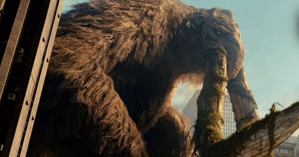 A giant movie monster looking like a strange cross between a gorilla and a woolly mammoth.