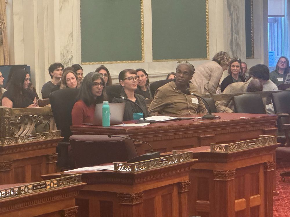 Dr. Virudachalam sits behind a heavy wooden table in a crowded room in City Hall, speaking into a microphone.
