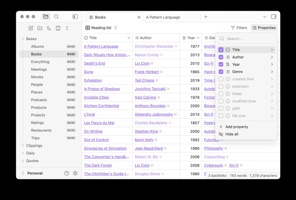 Screenshot of Obsidian 1.9.0 showing a base with a list of books