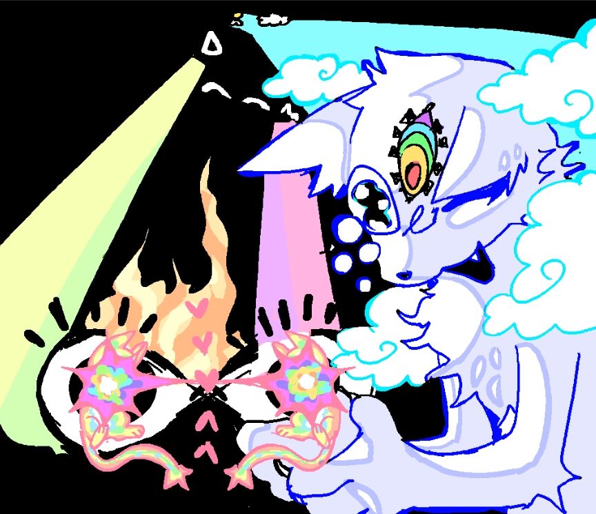 a giant cat with three eyes holds a baby cat, the baby is rainbow and its face is covered by a spike of rainbow light that connects to another baby. the two babies make a set of pupils to a set of eyes, that looks into the past and bursts into flame and destruction but also creation and love.