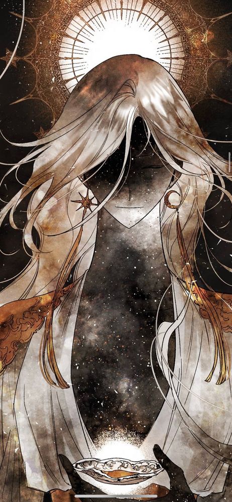 A screenshot of a panel from “The Dark Lord’s Confession”. It features a woman textured and coloured as the night sky. Her skin is similar to a black night sky whilst white and gold frame her hair and outfit like it was flares from a sun. She has a ornate halo over her head and she carries a white porcelain saucer with gold in the centre. 