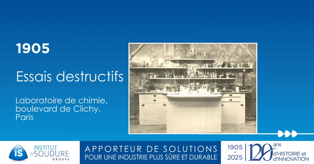 1905 rubrique Essais destructifs. Photo ancienne d'un laboratoire de chimie de l'Institut de Soudure, boulevard de chimie, Paris. 