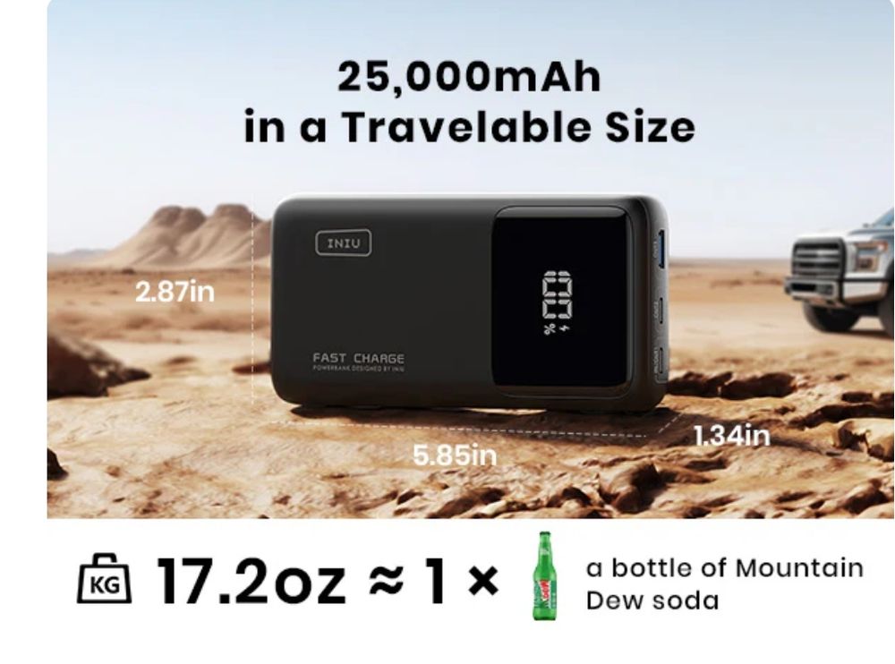 A power bank's weight is being compared to the weight of 1 bottle of mountain dew. 